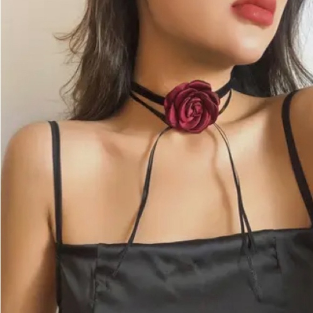 Red Camellia Flower Wrap Choker Necklace